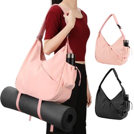 Yoga Tote Gym Shoulder Bag, Waterproof Wet Pocket & Adjustable Mat Strap - Large Duffle Workout Bag with Water Bottle Holder (Pink)