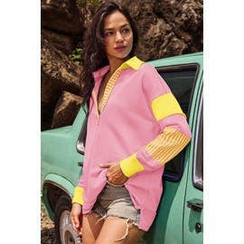 ReachMe Womens Striped Going Out Tops Oversized Sweatshirts V Neck Polo Shirts Colorblock Y2k Clothes Summer Outfits(Pink Yellow,S)