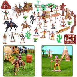 Wild West Cowboys and Indians Plastic Figures Playset 77 Pieces Educational Toys Bucket with Indians Action Figures and Accessories for Kids Boys Girls Age 3 Years