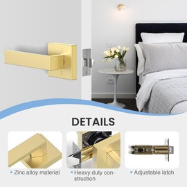 Mayvigor 4 Pack Satin Brass Door Handles, Interior in Gold Finish, Passage Heavy Duty Contructions, Keyless Hallway Closet Door Knobs, Modern Door Levers