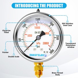 Hansfelds Liquid Filled Pressure Gauge 0-3000psi 2.5''Dial Face 1/4" NPT Lower Mount Stainless Steel case for Water Oil Gas Media accuracy1.6 with 1/4" x 1/2" NPT and 1/4" x 3/8" NPT Hex Reducer