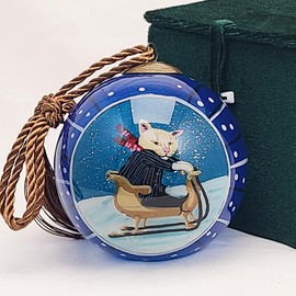 Handcrafted Inside-Painted Glass Ornament - Blue-Ski Kitten Design by LiBien丨Artistic Holiday Collectible & Unique Keepsake for Cat Lovers