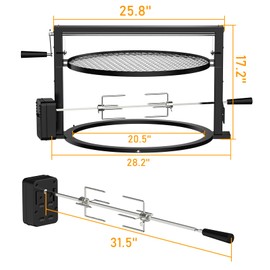 Skyflame Charkettle BBQ Grill Rotisserie System Kit with Adjustable Cooking Grate, Compatible with Weber 22-inch Kettle Grills