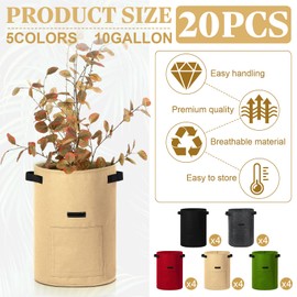 Yinder 20 Pcs 10 Gallon Potato Grow Bags with Flap and Handles Thickened Aeration Fabric Pots Garden Bags Potato Growing Containers Vegetable Garden Planter Bag for Plant Fruit Garden(Classic Color)