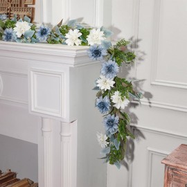 Giegxin 2 Pcs 6 ft Spring Flower Garland with Dahlias and Eucalyptus Blue Artificial Flower White Wisteria Vines Summer Fake Greenery Garland for Wedding Mantle Porch Stair Table Indoor Decor