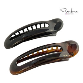 Parcelona French Oval Slider Tortoise Shell Brown and Black Small Large Celluloid Set of 2 Side Hair Claw Clips for Girls and Women (Small 3")