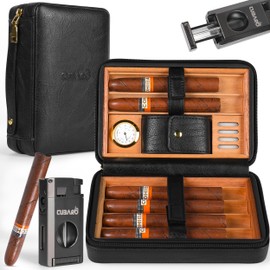 CUBARO Cigar Humidor Case, Leather Cedar Wood Cigar Box with Built in Hygrometer and Humidifier, 3 in 1 Cigar Torch Lighter, V Cut and Punch Cutter, Portable Cigar Travel Humidor Kit for Men (Black)