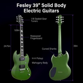 Fesley 39'' Electric Guitar: Full Size Solid Body Electric Guitars with Humbucker Pickups,Beginner Guitar for Adults with Mahogany Body,Bone Nut,Electric Guitar Kit with Gig Bag,Cable, Green