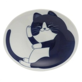 SET of 2 Japanese Porcelain Oval Dinner Dish Plate Blue Tuxedo Cat 7.75" x 6.25"