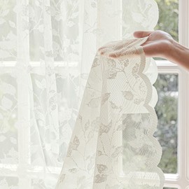 Rinwoc - Cortinas transparentes de encaje marfil de 84 pulgadas de largo, con patrón de hojas clásico para sala de estar/recámara, cortinas de bolsillo para barra de filtrar la luz, tratamientos de