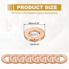 PATIKIL M5 Copper Washer Sealing Ring, 25 Pieces 5mm ID 9mm OD 1mm Thickness Metric Flat Sealing Gasket Crush Washer for Screws Bolt Sump Plugs Oil Drain