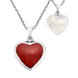 AeraVida Romantic Double-Sided Heart Reconstructed Red Coral and Mother of Pearl Inlay .925 Sterling Silver Necklace for Women | Fashion Jewelry