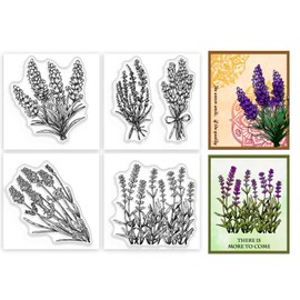 GLOBLELAND 4Pcs Mini Lavender Clear Stamps for DIY Scrapbooking Lavender Flowers Silicone Stamp Seals Transparent Stamps for Cards Making Photo Album Journal Decoration 2.2x2.2inch