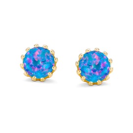 Iridescent Crown Setting Created Blue Black Opal Solitaire Crown Stud Earrings 14K Gold Plated .925 Sterling Silver Iridescent 6MM October Birthstone