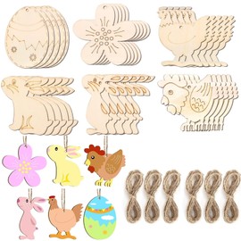 Easter Crafts Wood, Pack of 36 Wooden Pendants Easter for Painting, Easter Pendant Wood, DIY Pendant Easter, Easter Decoration Craft Children with Cord, DIY Easter Decoration Easter Eggs Rabbit Chick