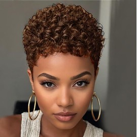 Short Pixie Wig, Auburn Red Brown Synthetic Heat-Resistant Curly Hair, Afro Hairstyles for Women