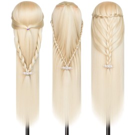 DanseeMeibr Hairdressing Head, 26-28 Inches, 100% Synthetic Hair, Soft Professional Hairdressing Head, Training Head with Holder + DIY Hair Styles Set (Blonde)