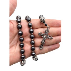 Nazareth Store Hematite Rosary Black Stone Beads Necklace Metal Beaded Miraculous Medal & Cross Rosary For Men and Womens NS
