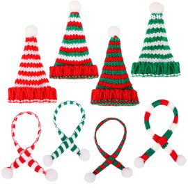 FOIMAS 8pcs Mini Christmas Knit Hats Doll Santa Hat and Scarves for Christmas Crafts Wine Bottle Topper Tree Home Decoration