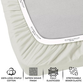 Feather & Stitch 1 Piece Fitted Sheet Queen Size, 100% Cotton Damask Sateen Weave, Striped Breathable, Stretchable Elastic Sheet For Mattress 18 inch Deep Pocket, 500TC Premium Ultra Soft - Blue Blush