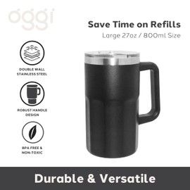 Oggi Insulated Beer Mug with Handle - Ideal Large Beer Stein, Insulated Beverage Glass, Beer Mugs, Beer Glasses, Mugs with Handles, Large Stein, Oktoberfest Mug - 27oz / 0.8lt