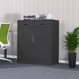 JINKUR Metal Storage Cabinet with Locking Doors and Adjustable Shelf, Lockable Storage Cabinets with Drawers for Home Office Garage Kitchen Pantry (Black)