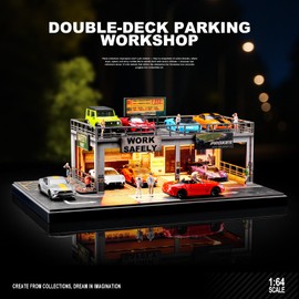 kivmcds 1/64 Hot Die Cast Wheel Display Case,Car Model Display Stand for Matchbox Cars,Miniature Parking Lot with Lighting (Two-Level Parking Workshop)