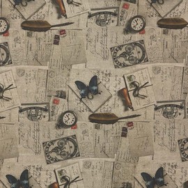 Kt KILOtela - Half Panama Digital Print Organic Cotton Light Covers, Cushions, Tablecloths, Curtains, Curtains, 100 cm Length x 280 cm Width, Vintage Sookie Cards, Brown Beige - 1 Metre