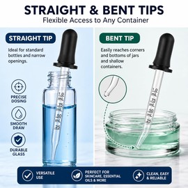 10 Pack Glass Eye Dropper, 1 ml Pipette Dropper with Clear Scale, Bent & Straight Tips for Essential Oils, Crafts, Lab, Liquid Measuring & Transferring – Natural Rubber Bulb
