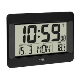 TFA Dostmann 60.4519.01 Digital Wall Radio Controlled Clock with Indoor Temperature, Day of The Week (8 Languages), Date, Time Zone Setting, Black, (L) 215 x (B) 160 x (H) 26 (68) mm