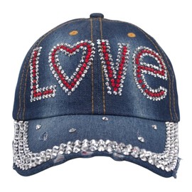 TSSGBL Vintage Washed Baseball Caps M,L,Unstructured Low Profile Adjustable Cotton Dad Hat for Men Women Bling Rhinestone-Denim Blue Love