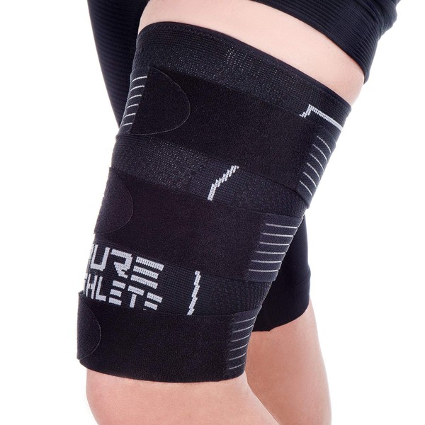 Pure Athlete Thigh Compression Sleeve – Adjustable Straps Quad Wrap Support Brace, Hamstring Upper Leg (1 Sleeve - Black, Medium)