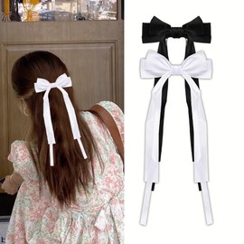 Ribbon Hair Clip 2Pcs Satin Hair Bows for Girls Women Tassel Ribbon Bow Hair Clips Large Bow Silky Satin Hair French Barrette Clip for Women Black and White Ponytail Holders Hair Bow Clips