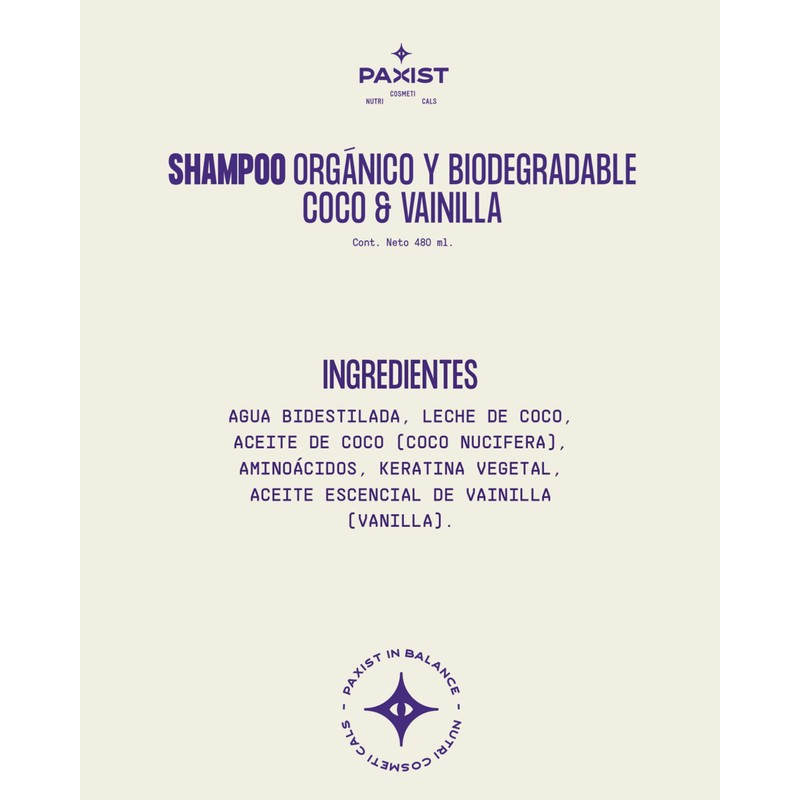 PAXIST - Shampoo Orgánico Coco & Vainilla - Shampoo natural