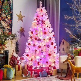 GarveeHome 6Ft Pink Christmas Tree with Lights, Prelit Snow Flocked Artificial Christmas Tree with 250 Multi Color LED, 751 Branch Tips, Fake Xmas Pine Tree for Home Office Party Decorations