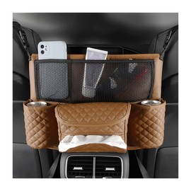 zipelo Car Handbag Holder Between Seats, PU Leather Multi-Pocket Large Capacity Purse Holder, Auto Net Bag Barrier of Backseat Pet Kids, Car Seat Organizers and Storage for Cargo Tissue Cup (Brown)