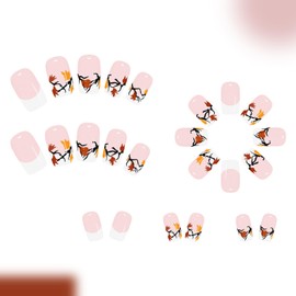 Vopintpy Fall Maple Leaf Press on Nails Thanksgiving White French Tip Fake Nails Medium Square Acrylic Glue on Nail Glossy Autumn Maple Leaves Stick on Nail for Women DIY Manicure