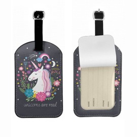 Zoczos Pink Unicorn are Real Luggage Tag Identifier Rainbow Fairy Tale Stars Floral Watercolor Leaves Magic Travel Suitcase Baggage Bag Tag ID Labels with Leather Strap Privacy Cover, 1 Pack