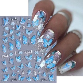 YIHONGYAN Summer Nail Stickers Nail Decoration 5D Relief Blue Butterfly Stickers Design Stick on Nails for Women Girls Nail Art Supplies 1 Sheets