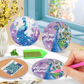 BOWETILE 6PCS Peacock Diamond Art Painting Coasters Kit with Holder, Peacock Diamond Art Kits for Adults Beginners, DIY Funny Drinks Coasters with Cork, Arts and Crafts Kits for Home Table Decor