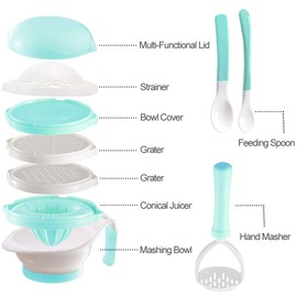 Matyz Versatile Baby Food Maker Set - Toddler Mill with Mash Bowl, Hand Masher, Citrus Juicer, Grater - Making Homemade Baby Food - Fruits and Vegetables Masher - No BPA (Mint Green)