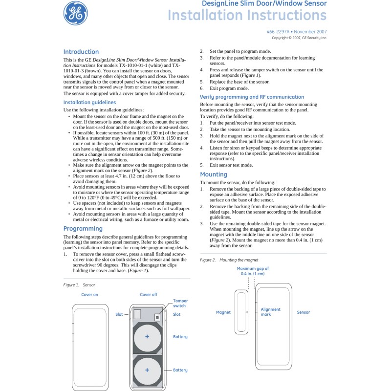 Interlogix TX-1010-01-1 - GE Interlogix DesignLine Wireless Slim Door/Window Alarm