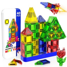 Mini Magnetic Tiles Travel Set for Kids, 40pcs Magnetic Building Blocks with Metal Tin, Magnet Travel Toys for Toddlers Kids Ages 1-3 4-8 Boys and Girls Holidays Birthdays Gifts