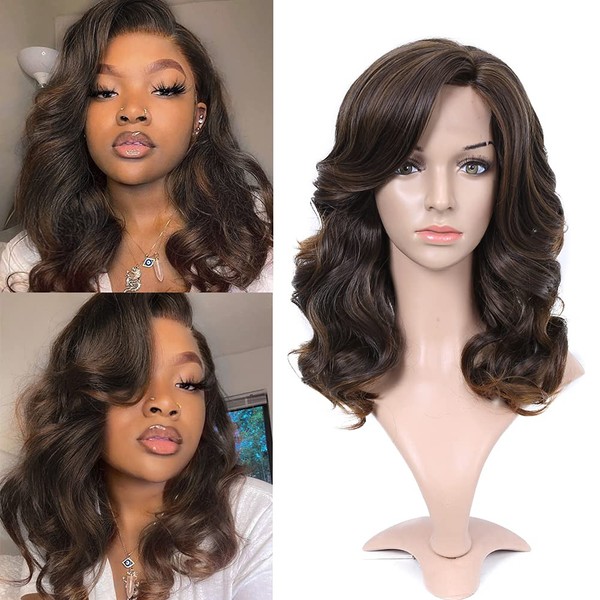 Lady Miranda Loose Wave Lace Part Wig Mixed Brown Nature Curly Synthetic Heat Resistant Weave Full Wigs for Women Halloween Wigs Cosplay Wigs