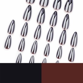 LBPEPAMZ 24Pcs Black Chrome Press on Nails Short Oval False Nails Plating Metallic Fake Nails Mirror Metal Full Cover stick on nails Reusable Almond Nail Art Decorations for Women Girls Nail Decor