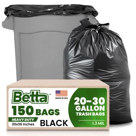 Betta 20-30 Gallon Black Trash Bags, 150 Count Box, (30x36-inch) Commercial Heavy-Duty Garbage Can Liners for 16-20 Gallon Round Cans, 15-23 Gallon Slim and Square Cans