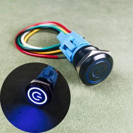 Gebildet 19mm 12V-24V/5A Stainless Steel Latching Push Button Switch Power Symbol LED 1NO1NC SPDT ON Off Waterproof Toggle Switch with Wire Socket Plug (Blue LED/Black Shell)