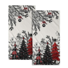 Christmas Tree Hand Towels Set of 2, 28x14 Inch Rustic Red Black Plaid Xmas Pine Forest Bells Absorbent Quick Drying Washcloths Tea Towel for Kitchen Bathroom Household Supplies