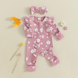 XIXIMAON Infant Baby Girl Autumn Clothes Floral Long Sleeve Crew Neck Ruffle Romper Zip Up Bodysuits with Bow Headband Newborn Outfits Girl Jumpsuit (Pink, 6-12 Months)