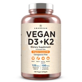 AMANDEAN Vegan Vitamin D3 K2. 5000 iu from Algae. All-Trans MK-7. 120 Softgels. Plant-Based & Carrageenan Free. Organic Coconut Oil Blend. for Mood, Bones, Heart, Immune Health (Packaging May Vary)
